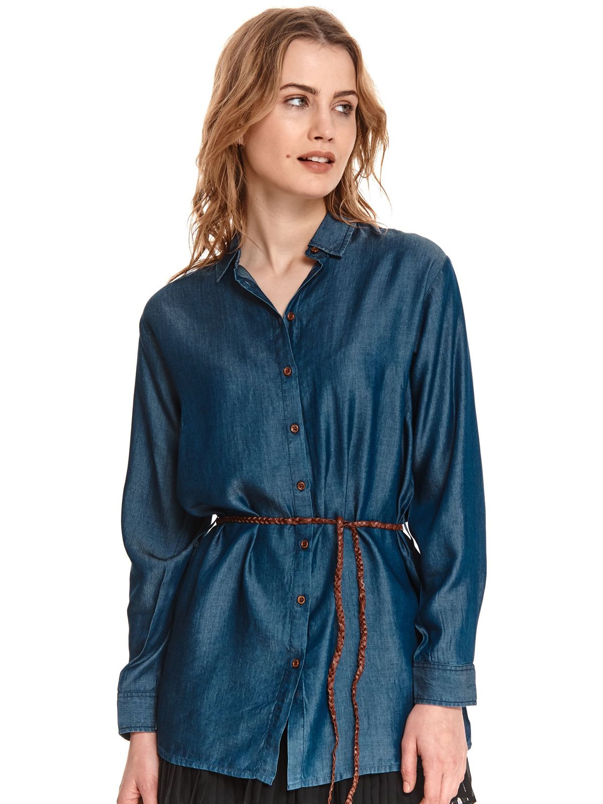Blue women`s shirt loose fit denim long sleeved