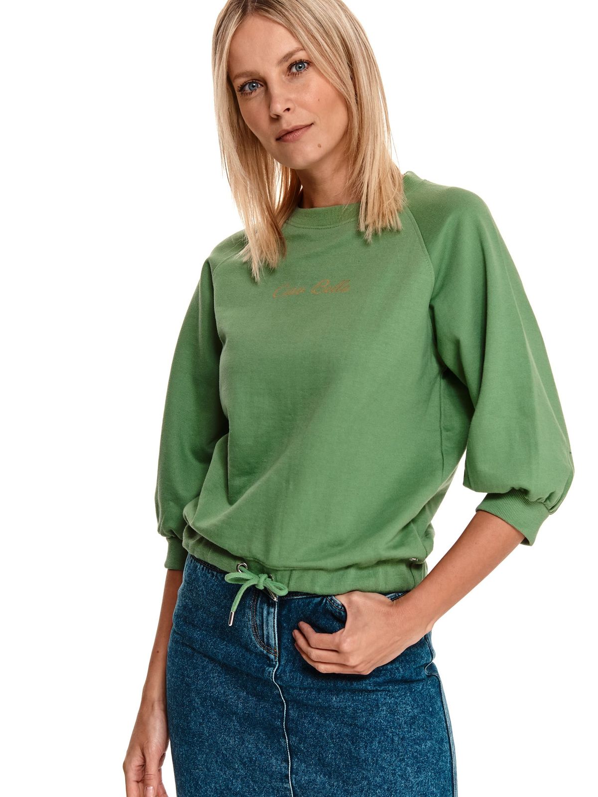 Bluza dama din bumbac verde cu croi larg si maneci trei-sferturi - Top Secret