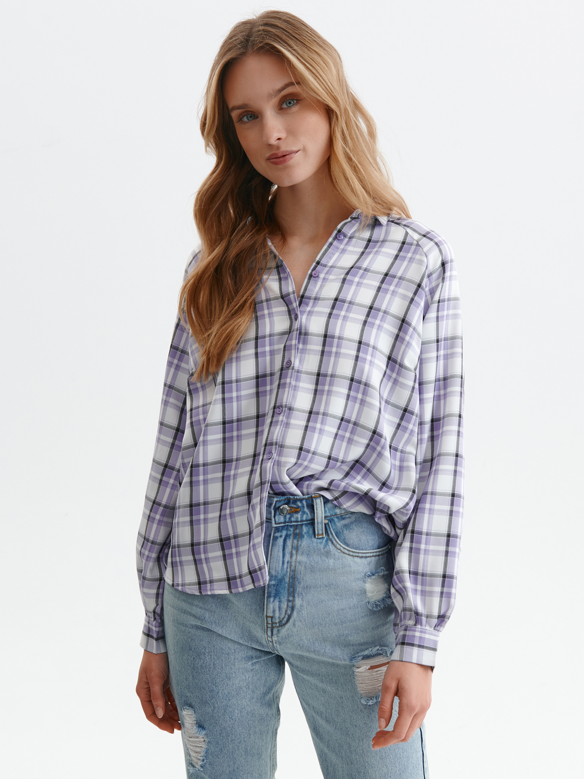 Purple women`s shirt loose fit with chequers light material