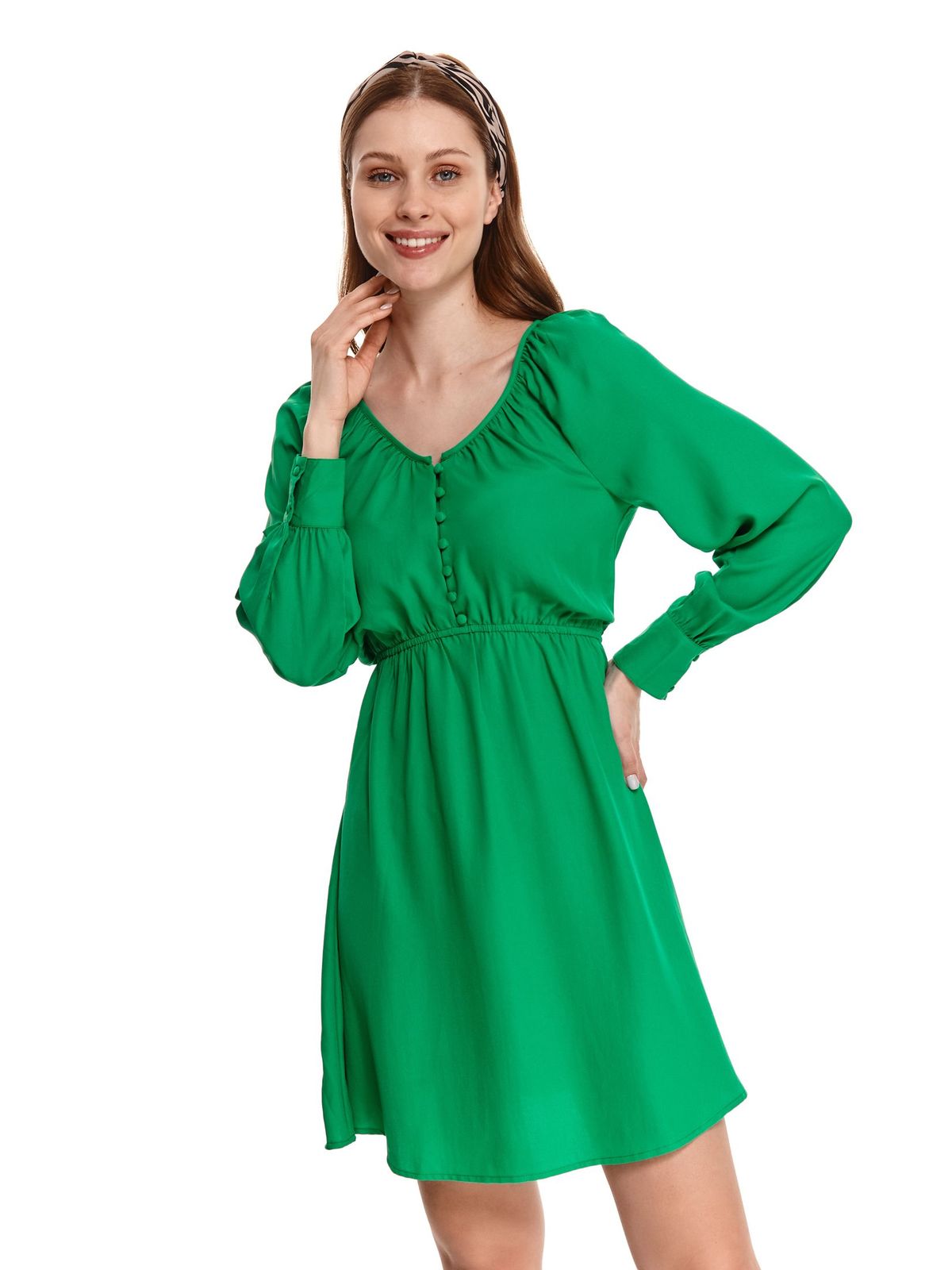 Zöld rövid harang alakú ruha gumirozott derékrésszel vékony anyagból