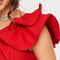Red Elastic Fabric Dress with Ruffles on the Shoulder - StarShinerS