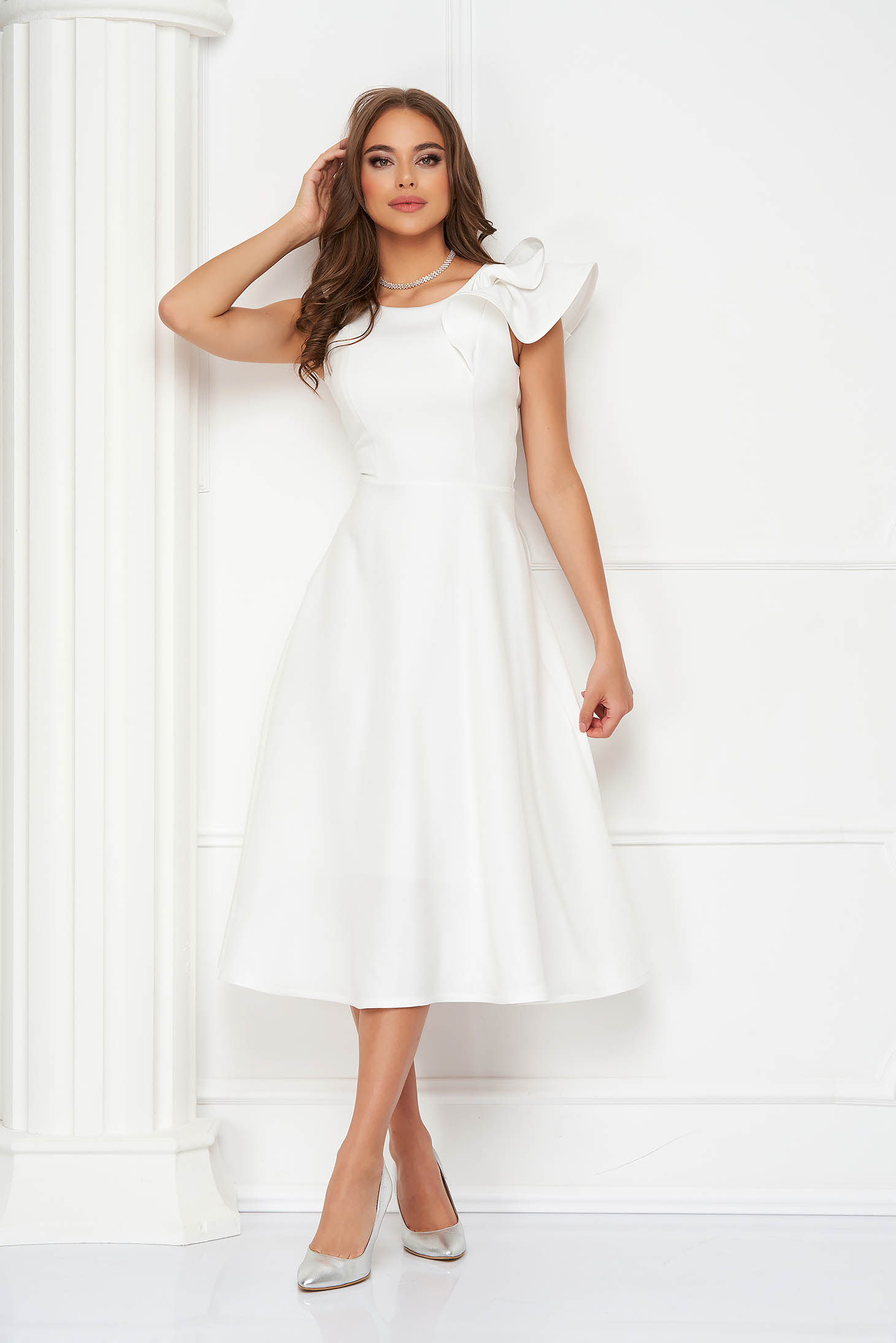Ivory Elastic Fabric Dress in Clos with Ruffles on Shoulder - StarShinerS
