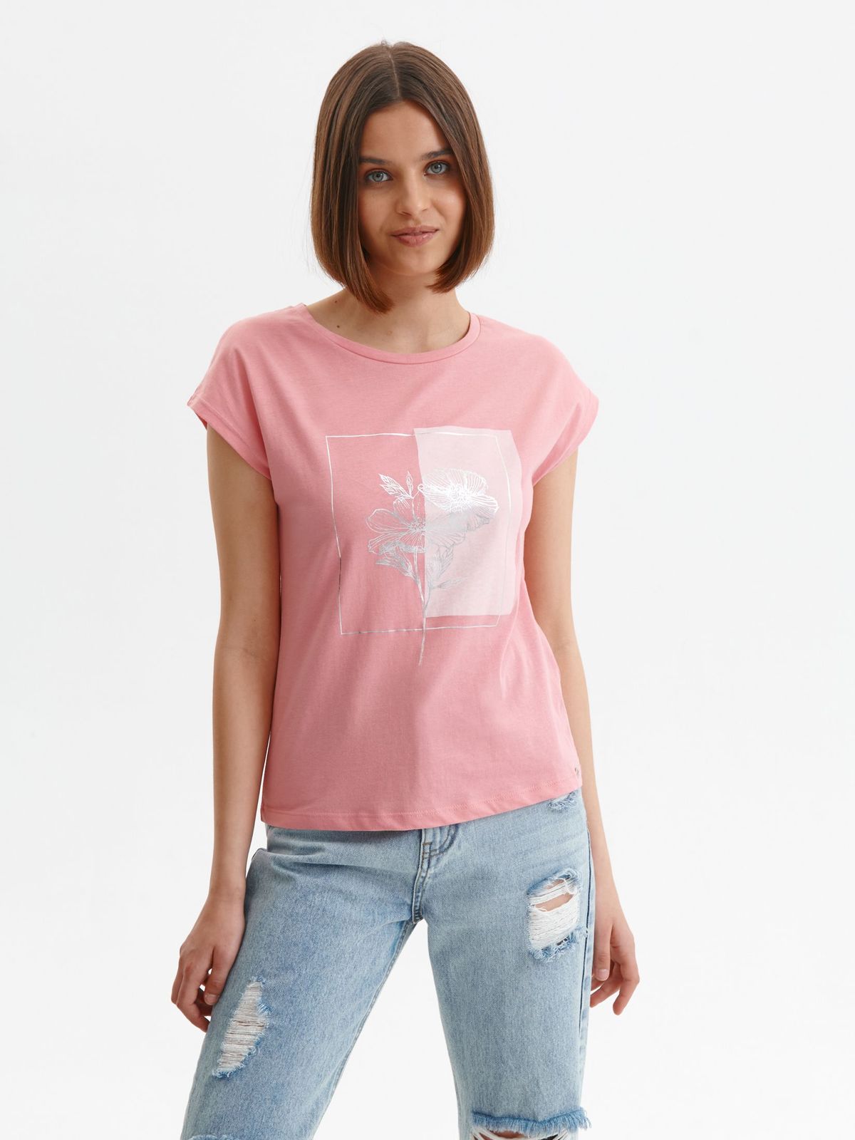Pink casual bő szabású pamutból készült póló nyomtatott mintával