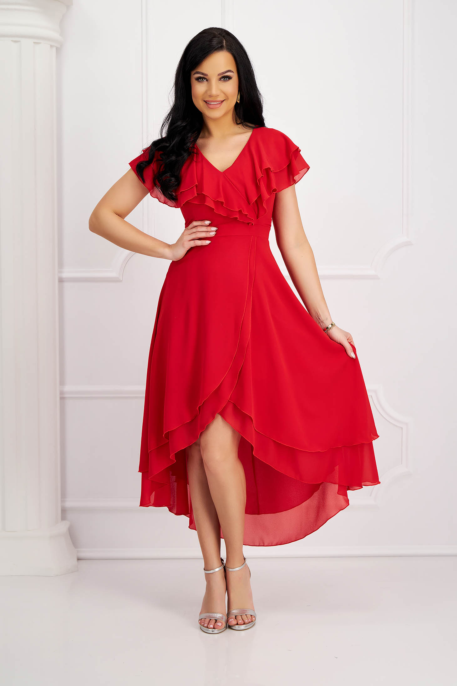 Red Midi Asymmetric Chiffon Dress with Ruffled Sleeves - StarShinerS 1 - StarShinerS.com