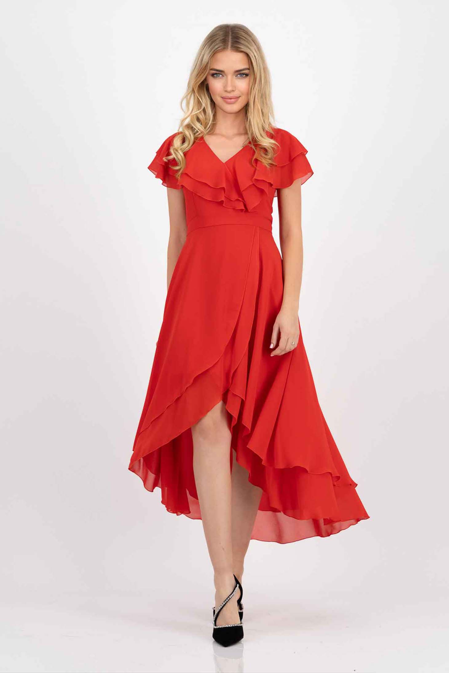 Rochie din voal rosie midi asimetrica in clos cu volanase la maneca - StarShinerS 1 - StarShinerS.ro