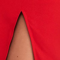 Piros StarShinerS midi alkalmi ceruza ruha fodrokkal a dekoltázs vonalánál rugalmas szövetből