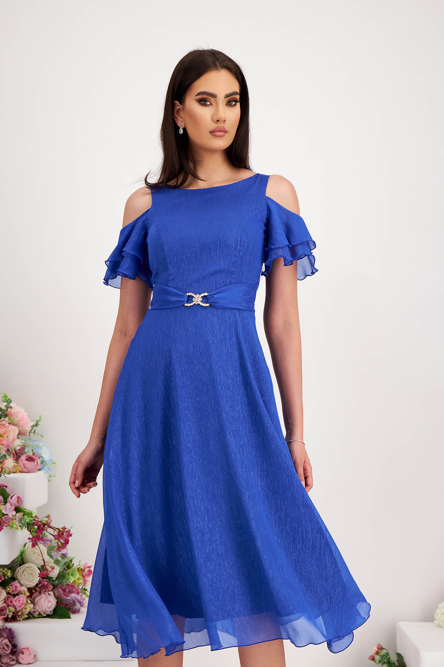 Blue Midi Veil Dress in A-Line with Glitter Applications - StarShinerS