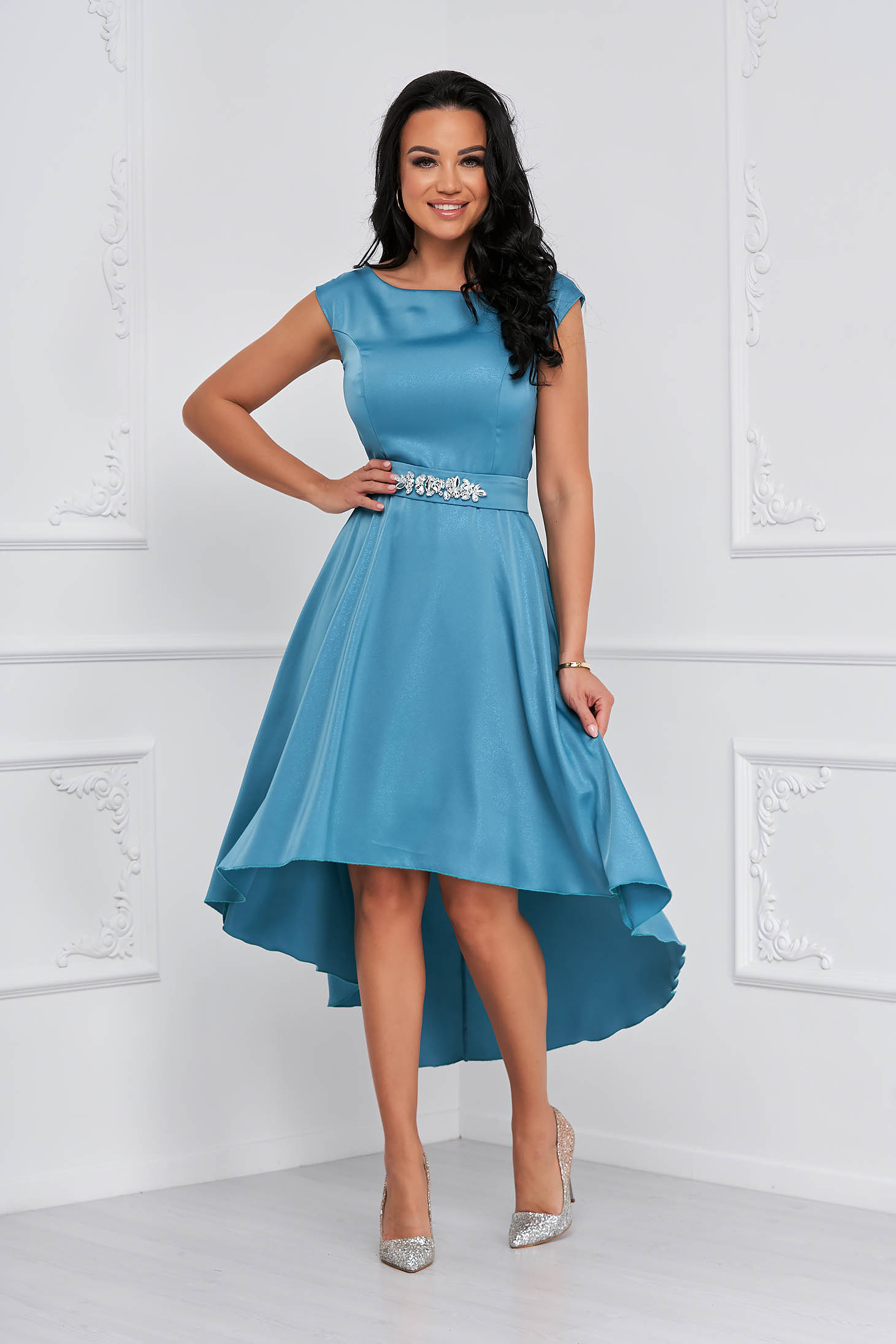 Turquoise satin asymmetric dress with detachable rhinestone cord - StarShinerS 1 - StarShinerS.com