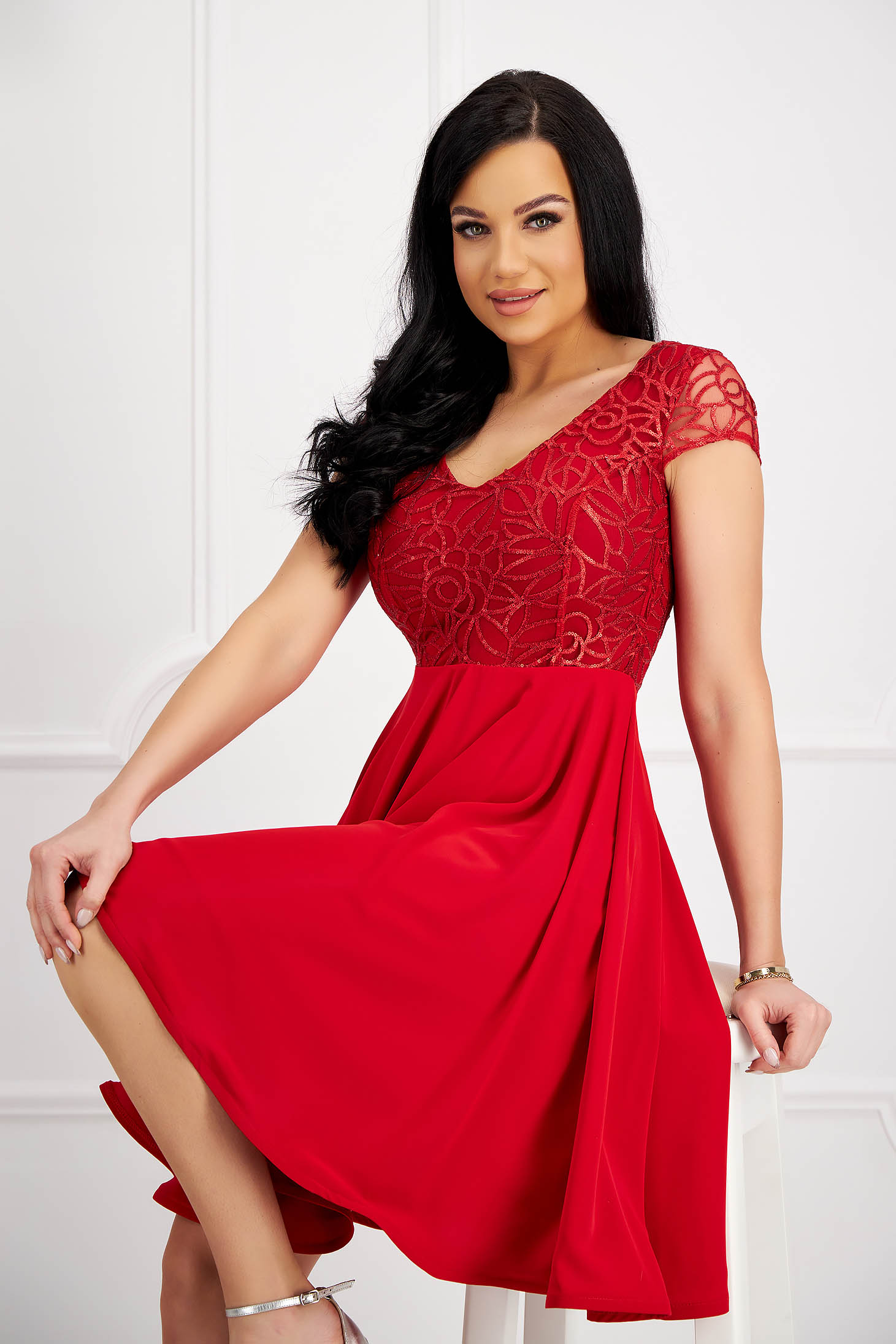 Occasional StarShinerS red cloche dress from satin fabric texture with sequin embellished details