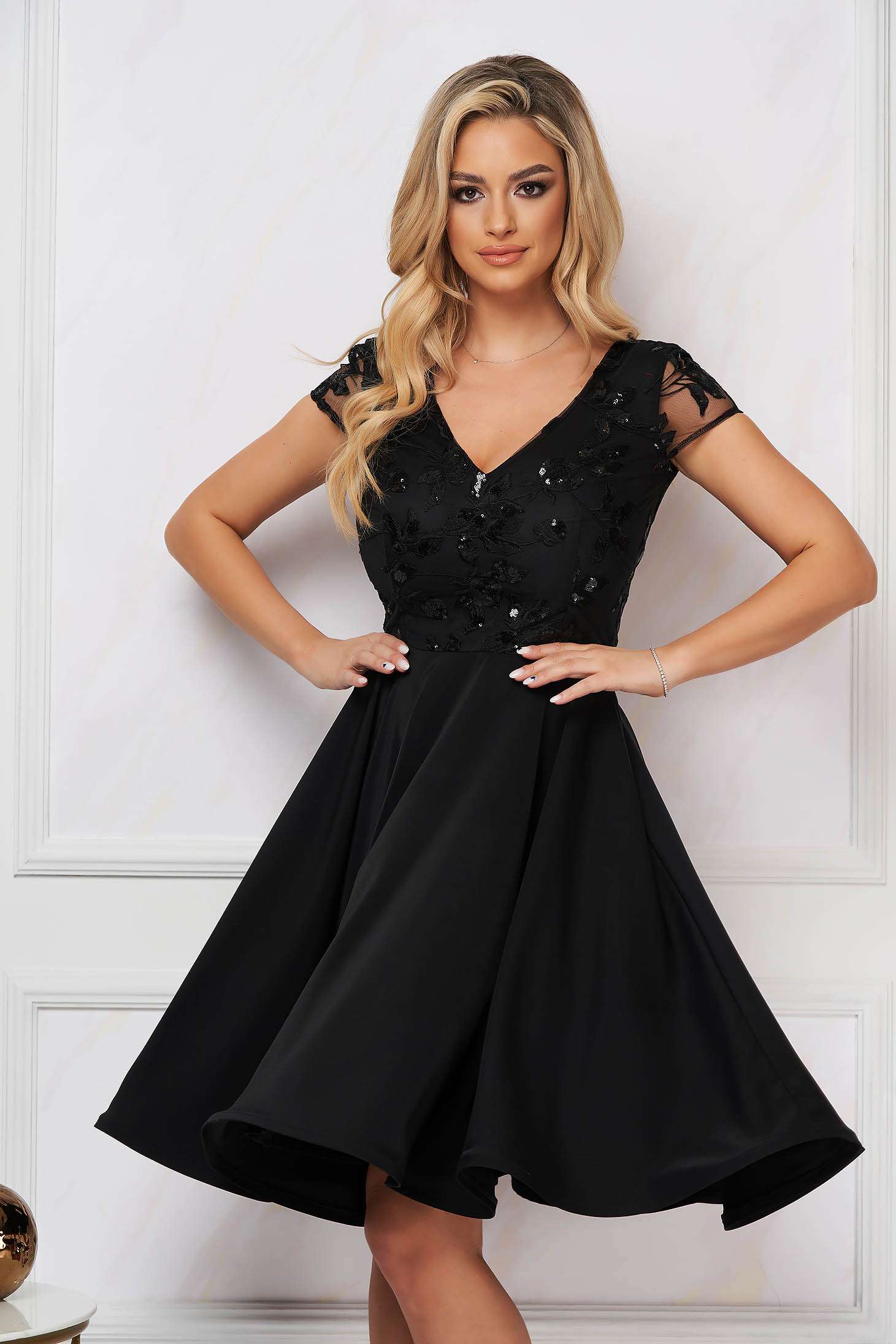 Occasional StarShinerS black cloche dress from satin fabric texture with sequin embellished details