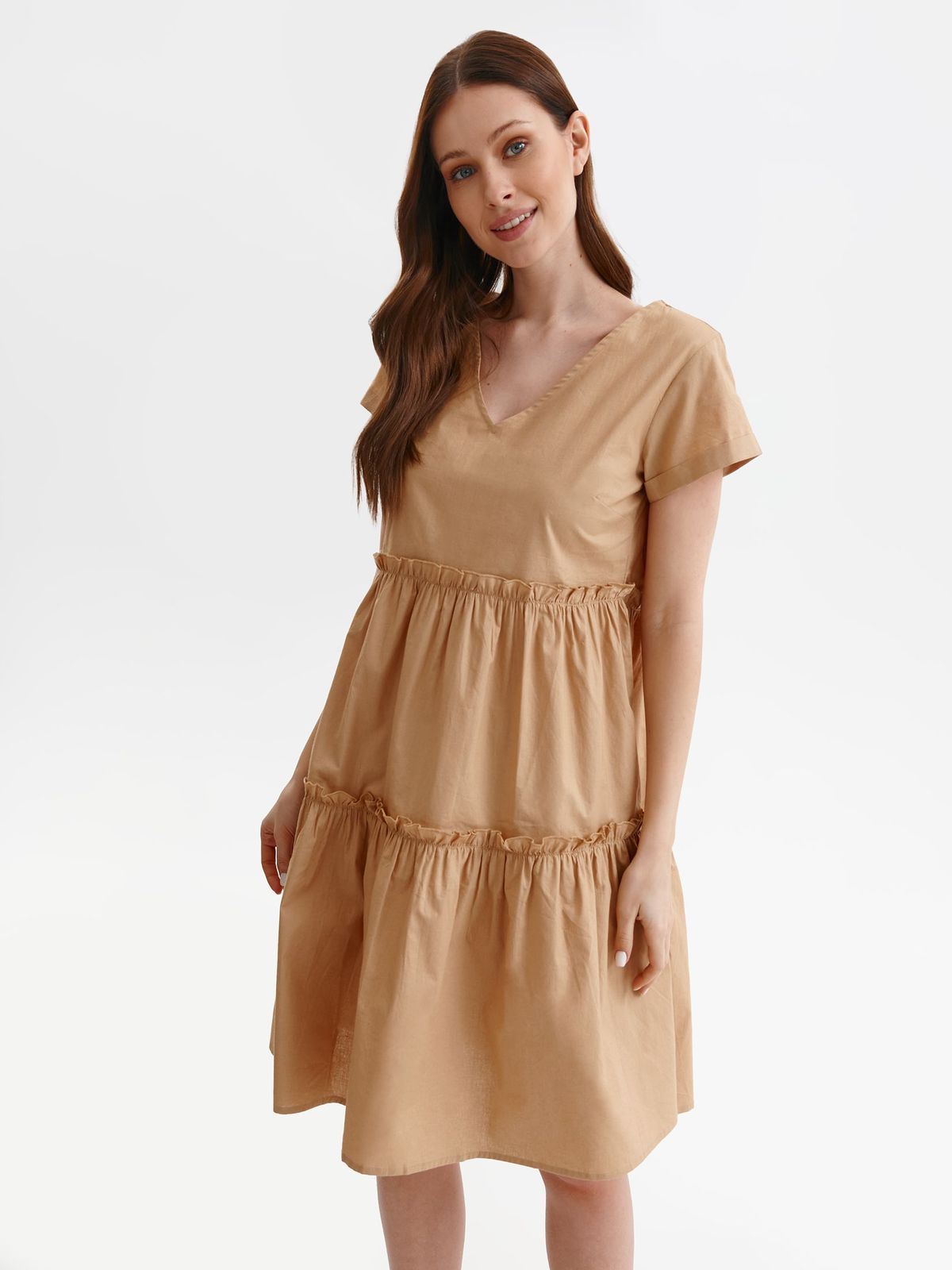 Rochie din poplin cappuccino scurta cu croi in A si volanase - Top Secret